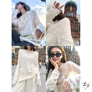 Áo dệt kim tay dài phối ren, họa tiết quả lê thêu rỗng, phong cách Hàn Dongdaemun mới mùa thu đông, áo mặc trong thanh lịch và dịu dàng dành cho nữ.