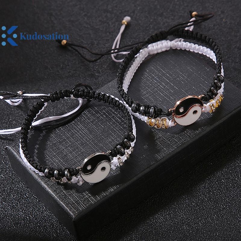 Kudosation 2 Chiếc Thái Cực Dương Cặp Đôi Mặt Dây Chuyền & Vòng Tay Bím Dây Xích Điều Chỉnh, Phù Hợp Người Yêu, Choker