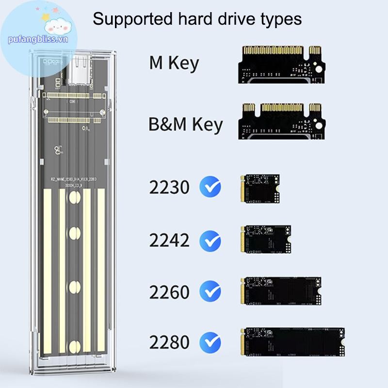 Pufangbliss M.2 NVME PCIe NGFF SATA Protocol Case Clear USB Type C 10Gbps PCI-E Hộp đựng ổ cứng gắn ngoài trong suốt cho điện thoại máy tính xách tay VN