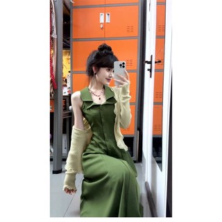 đầm dài nữ halter cạp cao a line xanh lá cổ điển 2026 xuân