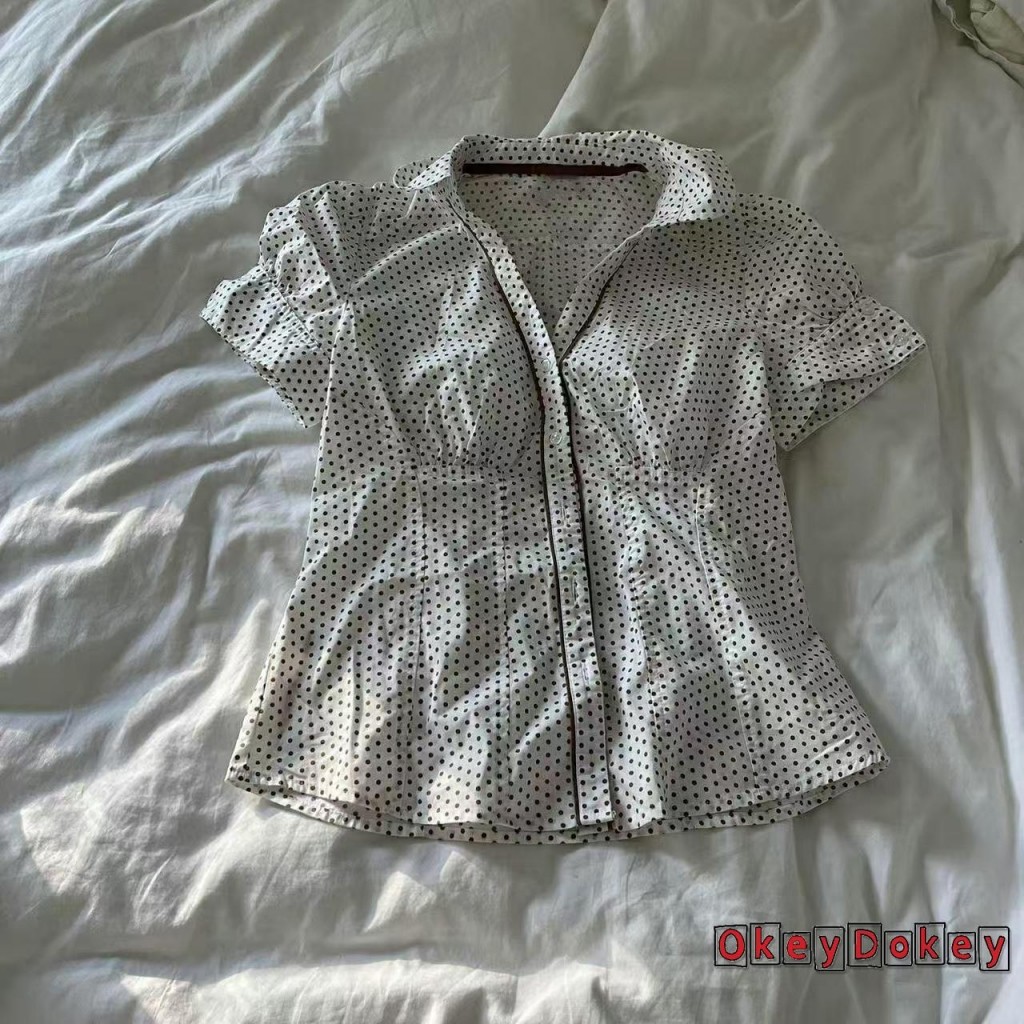 Áo sơ mi Polo nữ tay ngắn họa tiết chấm bi cổ điển