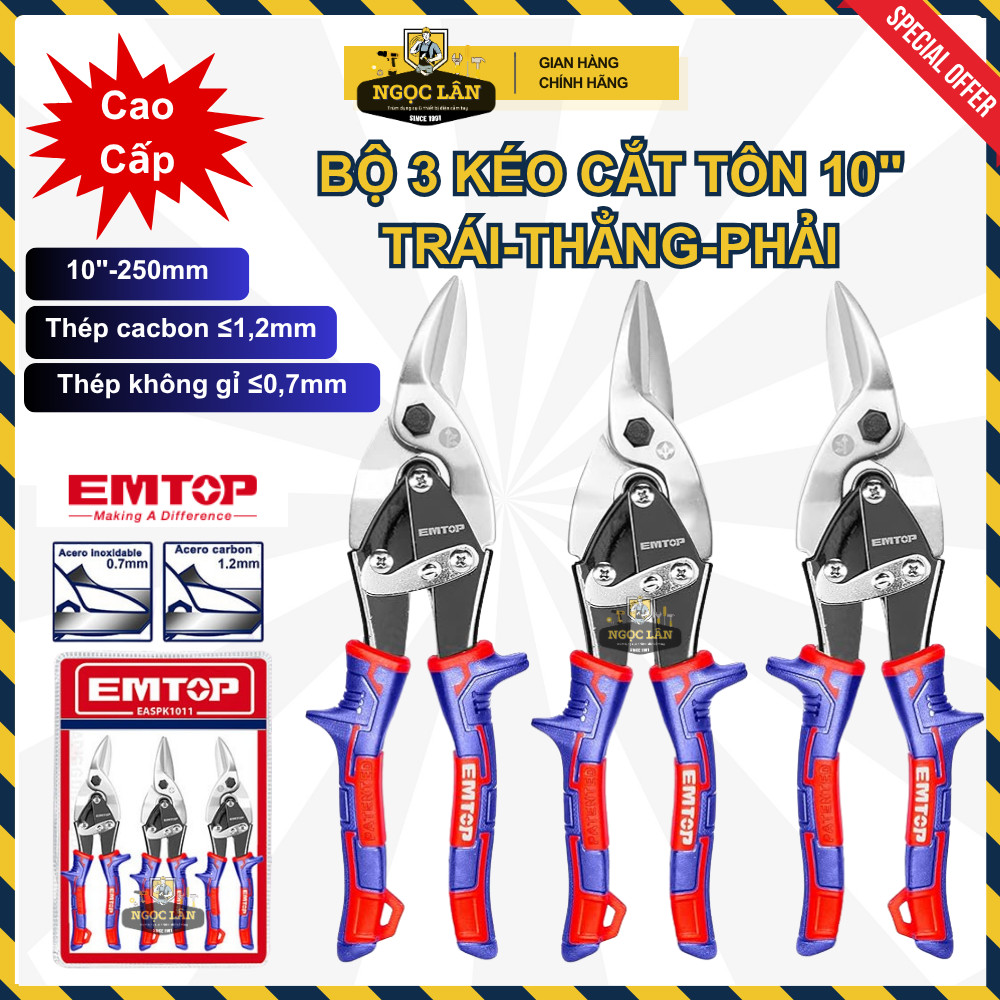 [Chính hãng] Bộ 3 cây kéo cắt tôn EMTOP cong trái, cong phải, thẳng cao cấp (mã EASPK1011)