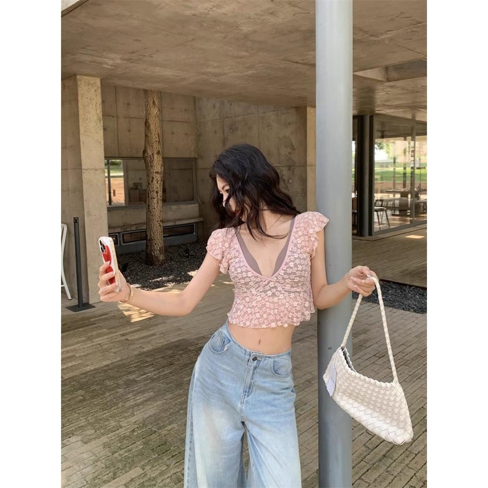 Milyfashion Gợi Cảm Lá Sen Tay Nhìn Xuyên Rỗng Ren Cổ Chữ V Sâu Rốn Mở Rộng T Mỏng Ngắn Top Bé tee Quần Áo Nữ