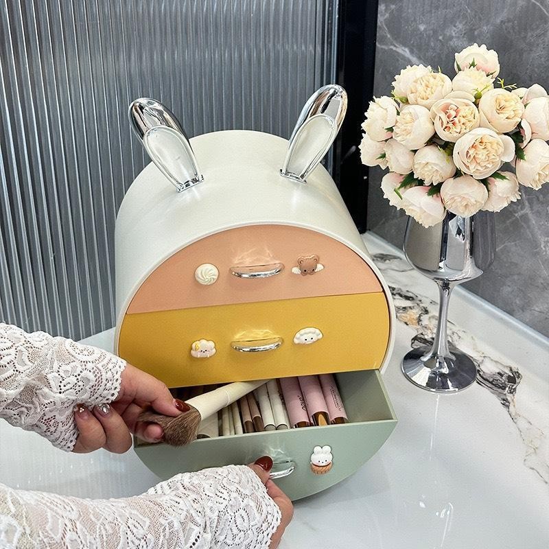 [Kèm Sticker] Hộp Lưu Trữ Để Bàn, Kệ Đựng Mỹ Phẩm Đựng Đồ Đa Năng Hình Tai Thỏ Có Nhiều Ngăn Kéo Tiện Dụng BB-AP