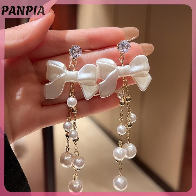 PANPIA-Phụ Nữ Dài Ngọc Trai Nơ Bông Tai Thanh Lịch Thẩm Mỹ Xu Hướng Hàn Quốc Tua Rua Tòn Ten Bông Tai Phụ Kiện Trang Sức Quà Tặng Cổ Tích