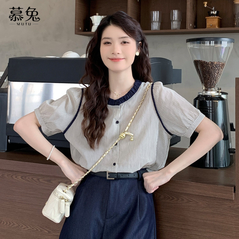 Mutu Phong Cách Pháp Phong Cách Chanel Sọc Cổ Tròn Tay Ngắn Nữ Mùa Hè 2026 Phong Cách Mới Màu Khóa Thiết Kế Niche Lỏng Lẻo Ôm Hơn Nhìn Top