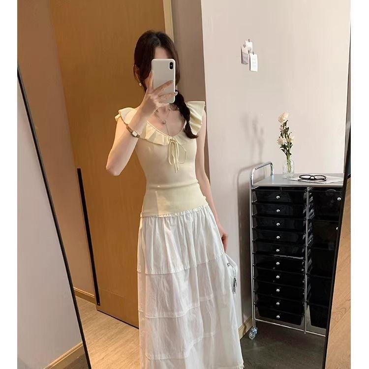 Milyfashion Pháp Xù Không Tay Dệt Kim Mùa Hè Slim-fit Ôm Hơn Nhìn Nơ Thắt Nơ Không Tay Sling Áo Ngắn