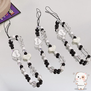 【Chamvn】Dây đeo điện thoại đính hạt đen trắng hình trái tim chữ cái chống rơi Ốp lưng điện thoại chống mất