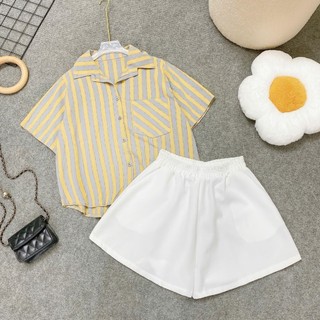 SET Sơ Mi Quần Đùi Bigsize Nữ Áo Somi Kẻ Sọc Vải Linen Kèm Quần Short Vibe Vintage A288+Q500