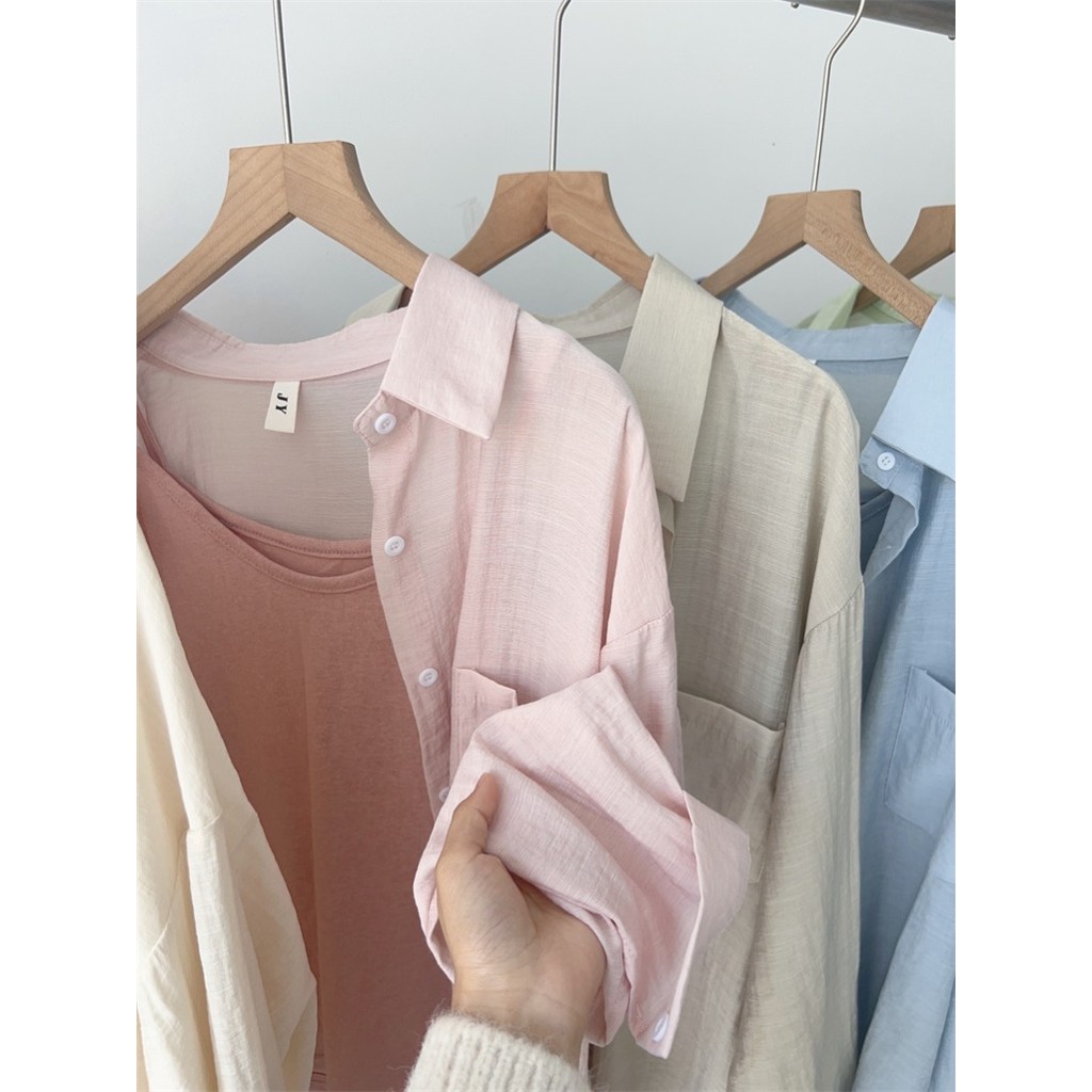 Suxi Đơn Giản Màu Trơn Thường Ngày Mới Rời Cổ Thời Trang Áo Sơ Mi Tay Dài Nữ Top 240709