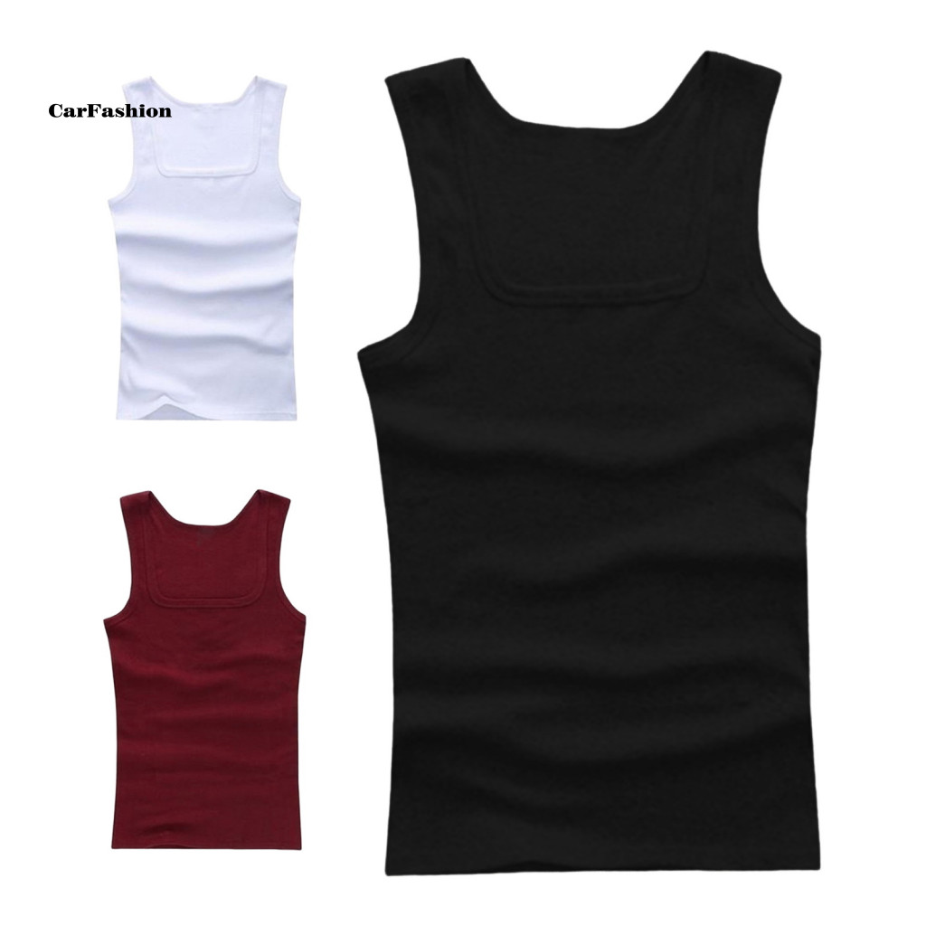 < Carfashion > Áo Vest Thể Hình Không Tay Nam Cổ Vuông Tank Top Nam Slim Fit Thoáng Khí Áo Vest Thể Thao Cho Chạy Bộ Tập Gym Mềm Hấp Thụ Mồ Hôi Áo Lót Đông Nam Asi