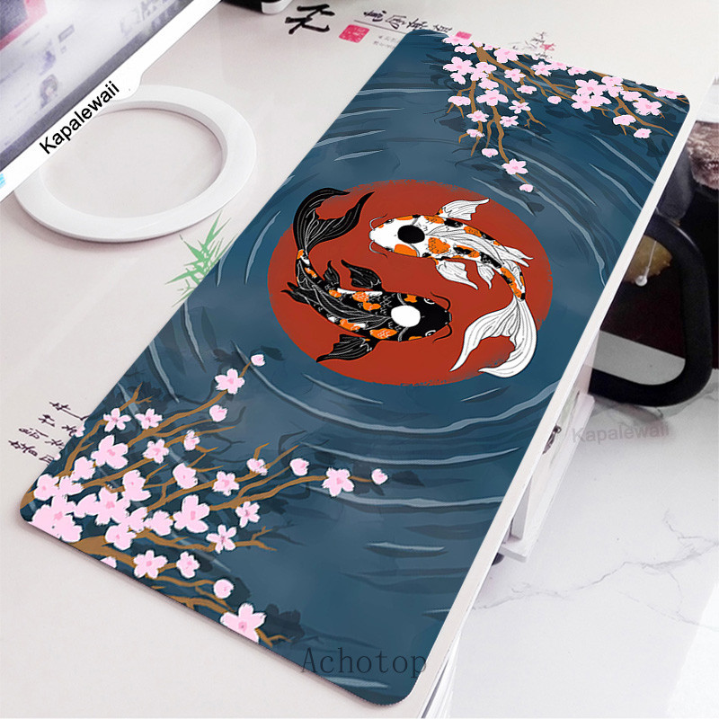 Koi Yinyang Đen Trắng Miếng Lót Chuột Lớn Mausepad Xxl Deskmat Bàn Phím Màu Xám Chuột Thảm 900x400 Thảm Mở Rộng Cho Văn Phòng