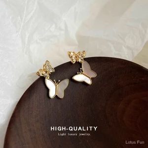 Bông Tai Bướm vỏ sò 14k mạ Zircon kim bạc Hoa tai đi làm thời trang đơn giản khí chất thanh lịch ngọt ngào