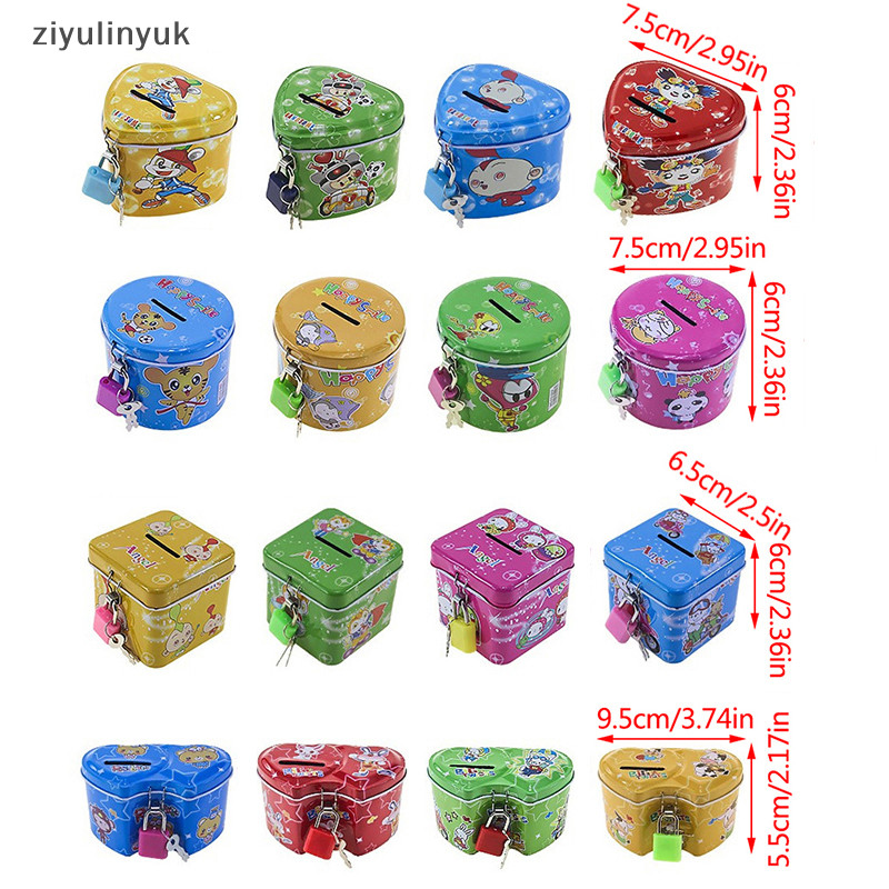 Ziyulinyuk Hoạt Hình Dễ Thương Vuông Thiếc Kim Loại Heo Đất Tiết Kiệm Tiền Đồng Xu Hộp Tiền Trẻ Em Trẻ Em Quà Tặng Sinh Nhật 4 Màu Có Khóa / Chìa Khóa EN