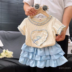 3-8 tuổi Trẻ em / Bé gái Bộ quần áo 2 chiếc Áo thun ngắn tay họa tiết trái tim dễ thương và váy bánh Mini