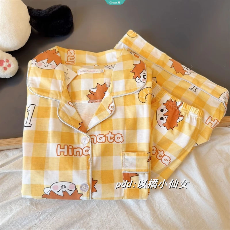 Bóng chuyền Thiếu Niên Checkered Hyuuga Shoyo Bộ Đồ Ngủ Nữ Mùa Hè Mới Tay Ngắn Rời Homewear Phù Hợp Với
