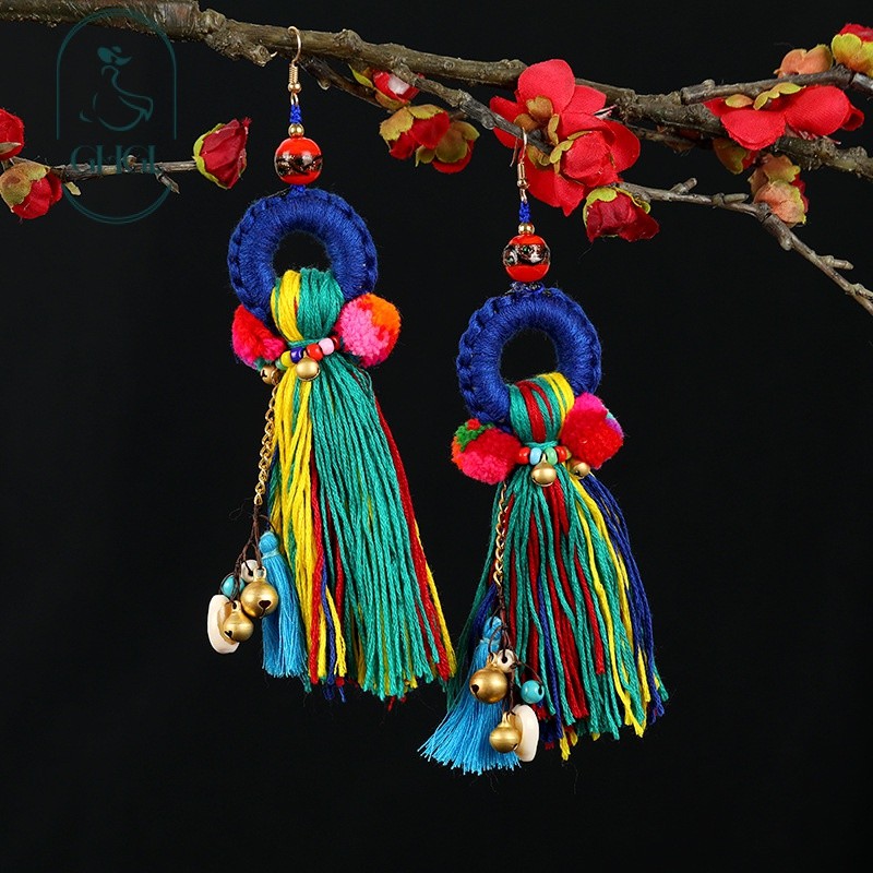 [Ghgl] Hàng có sẵn hs Retro Phong cách dân tộc Màu sắc tương phản Bông tai Pompom Phóng đại độc đáo Kỳ nghỉ Bohemian Tua dài Bông tai sang trọng dành cho nữ