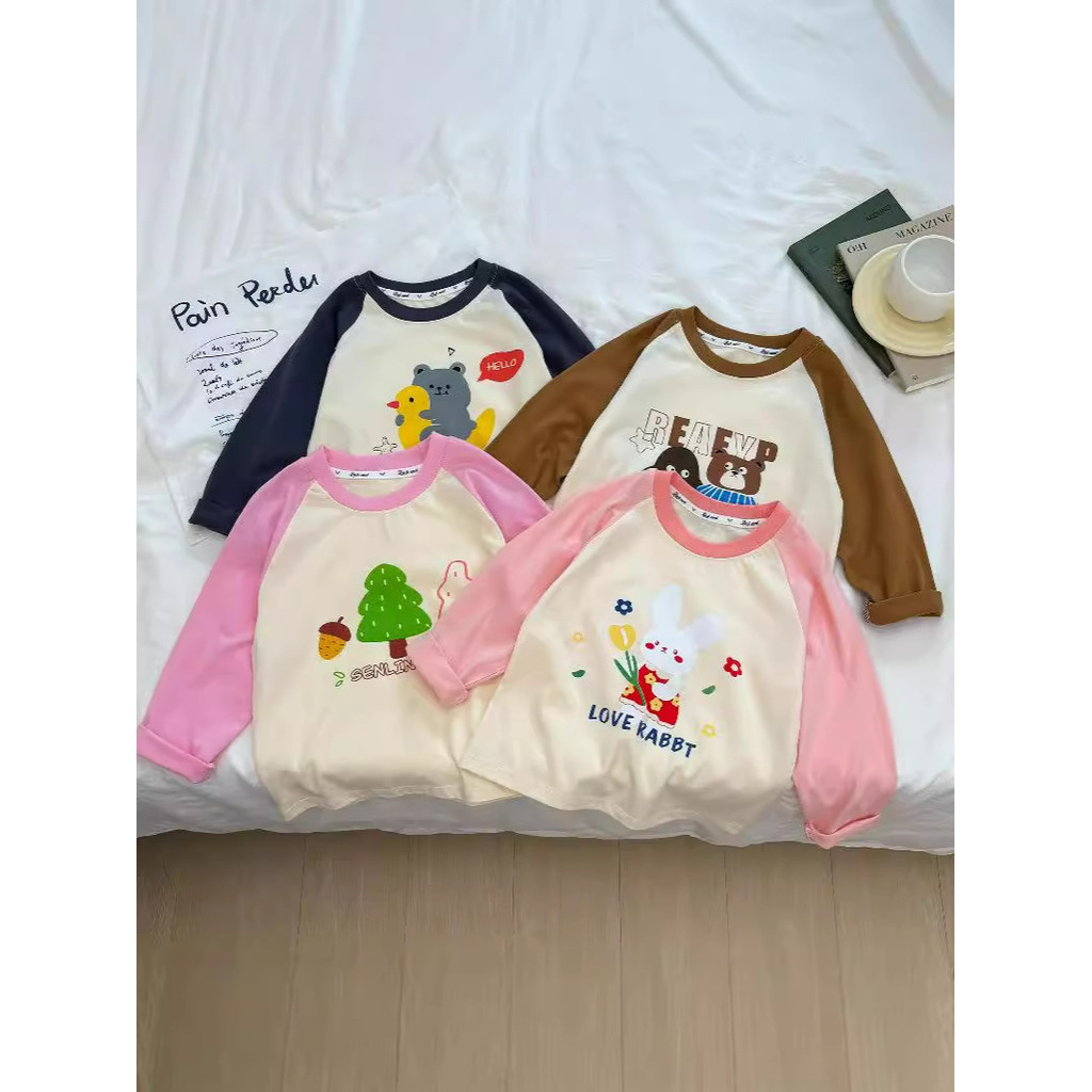 Phong Cách Mới Áo Thun Trẻ Em 100% Cotton Dài Tay Top Bé Trai Bé Gái Hoạt Hình Hợp Thời Trang 5NQT
