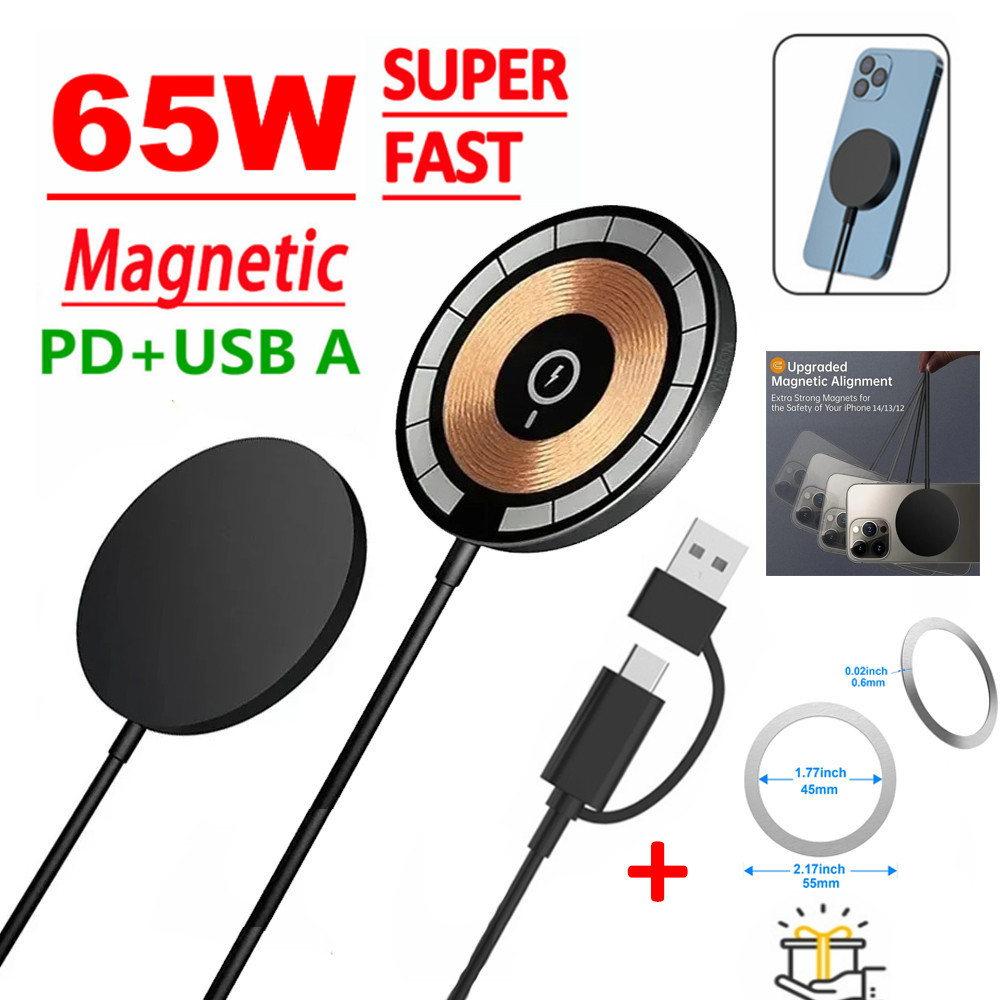 Điện Thoại Sạc Không Dây Từ Tính 65W Sạc Không Dây Nhanh Siêu Mỏng Bảo Vệ An Toàn Cho Android Cho iPhone 14 13 11 12 Pro MAX Mini USB C 8 Plus XR X XS MAX Airpods