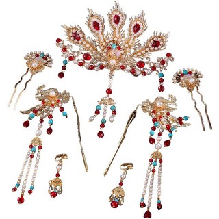 Mũ đội đầu Hanfu cổ đầy đủ Bộ phụ kiện tóc Cloisonne Ming Made Hair Crown Cloisonne Kẹp tóc Phoenix Tua Rua Burn Blue 10.15