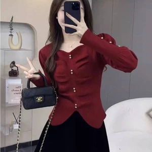 Square Collar Pleated Sweater Bottoming Shirt Women's Autumn and Winter High-Grade Chic Beautiful Western Style Fashion Inner Match Knitwear Top qoOA