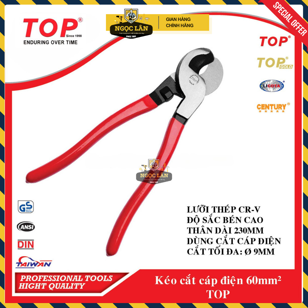 [Chính hãng TOP] Kìm cắt dây cáp điện 60mm2 TOP (tối đa phi 9mm) thép CR-V hàng Đài Loan cao cấp
