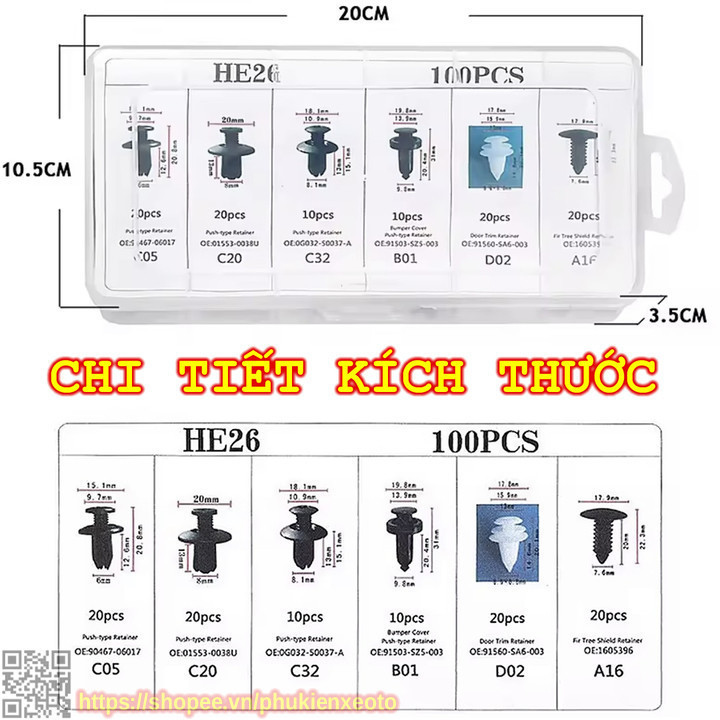 【24H】Set 100 đinh tán nhựa, ốc vít nhựa, chốt nở cho phụ tùng xe ô tô chốt nhựa vít nở nhựa