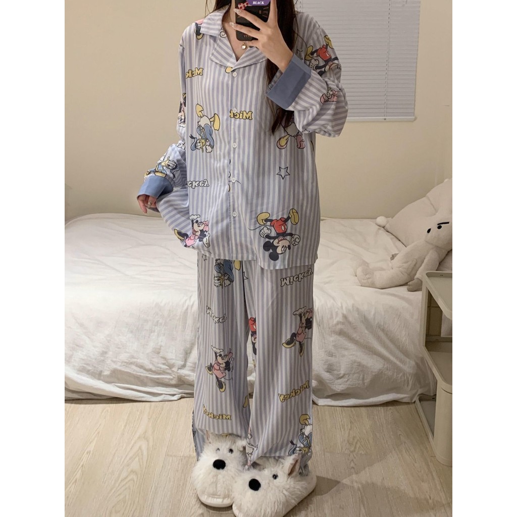 Bộ đồ ngủ vịt Mickey và Donald sọc xanh, quần dài tay, phù hợp xuân thu, bộ đồ gia đình