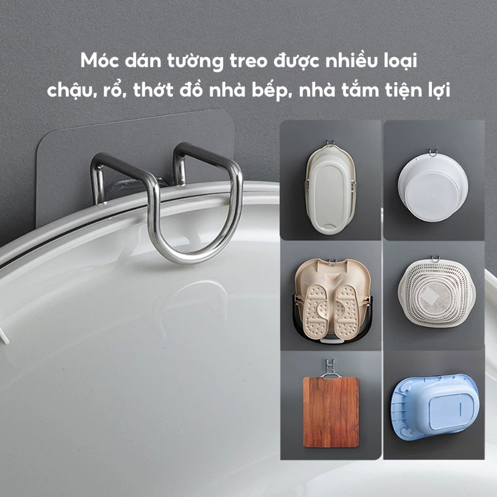 COMBO 3 Móc Treo Chậu Thau Dán Tường Inox 304 Móc Treo Khăn Quần Áo Đồ Nhà Bếp Phòng Tắm