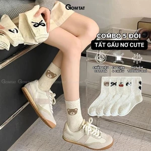 Set 5 đôi tất cao cổ nữ họa tiết gấu nơ cute GOMTAT, vớ chân chất cotton phong cách Hàn Quốc hot trend – JIN-2517-CB5
