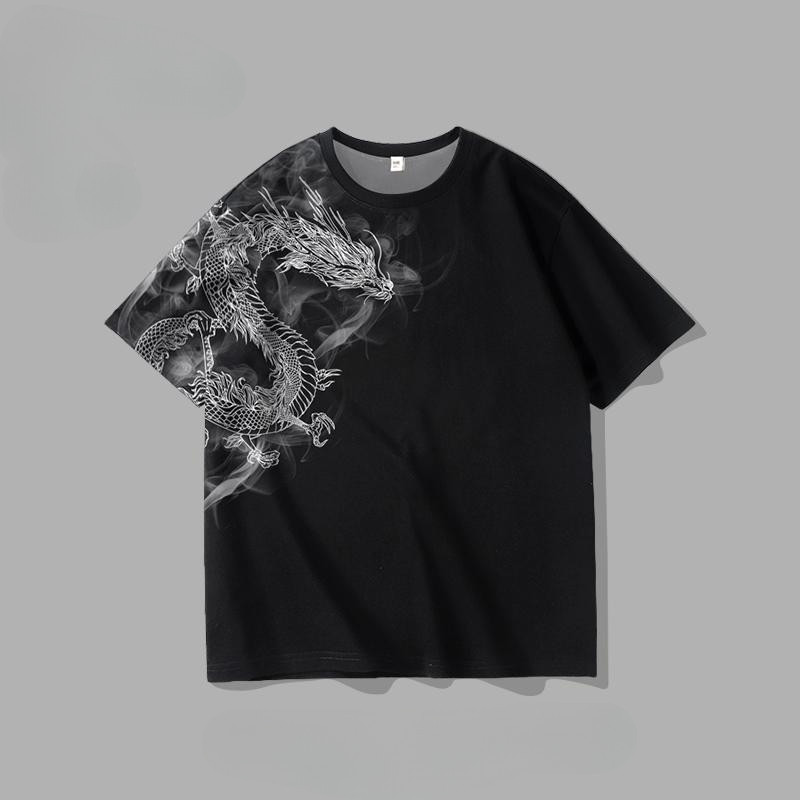 Chinese Style Trendy Dragon T-shirt Men's Loose plus Size Casual Short-Sleeved Top Fashion All-Match T-shirt Breathable Quick-Drying