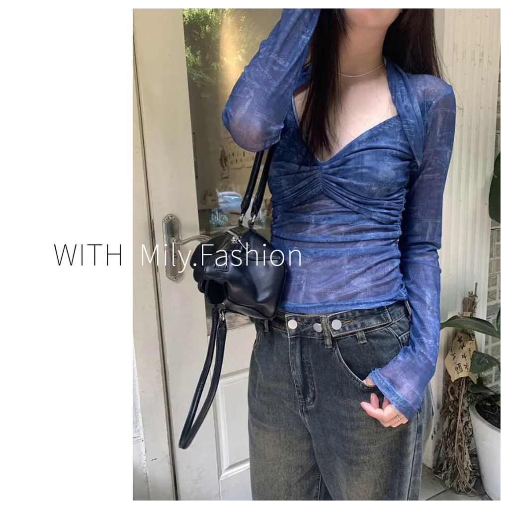 Milyfashion Áo Thun Tay Dài Chống Nắng Mỏng Cổ Chữ v Xuyên Thấu Ôm Dáng Mùa Hè Phong Cách Desire Cho Nữ