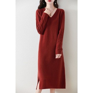 Thu Đông Phong Cách Mới Tính Khí Màu Trơn Phù Hợp Với Áo Đáy Váy Cổ Chữ v Len Đầm Rời Dài