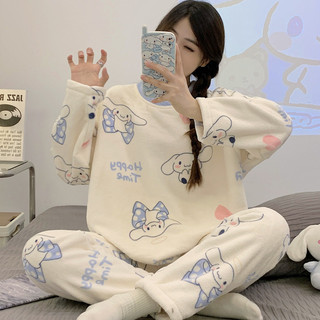 Bộ đồ ngủ lông cừu san hô mùa đông nữ cộng với nhung dày ấm áp flannel lưới người nổi tiếng phong cách 2025 quần áo gia đình mới