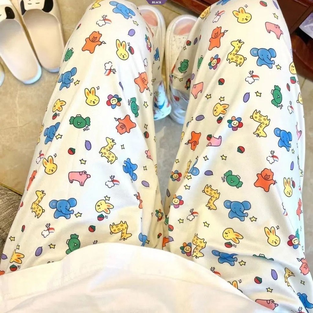Retro Màu Xanh Chó Pyjama Quần Xuân Thu Mới Hàn Quốc Hoạt Hình Dễ Thương In Hình Rời Quần Nhà Nữ [BL]