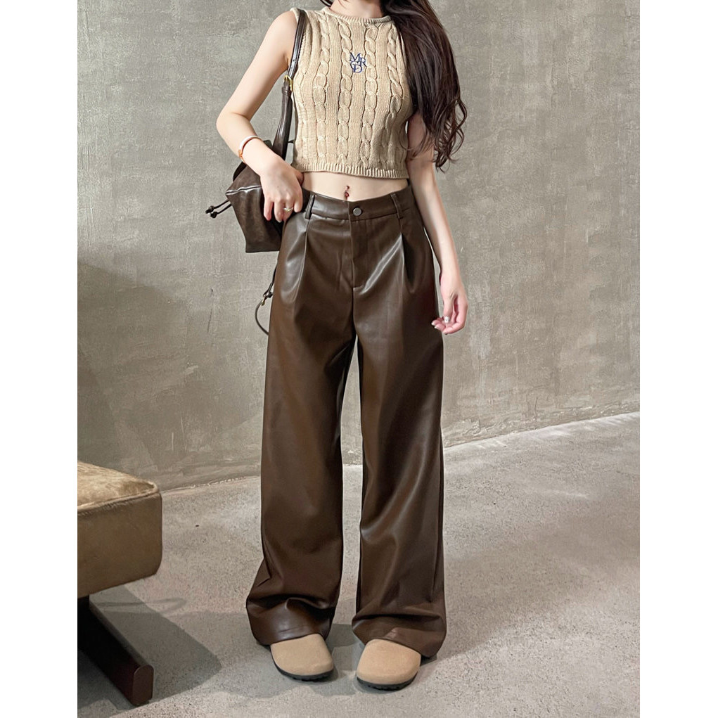 Suxi Thu Đông Retro Cao Cấp Quần Thẳng Da PU Quần Ống Rộng 241021