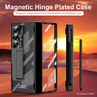 Có Bút Cảm Ứng Cho Samsung Galaxy Z Fold 7 6 5 4 3 Ốp Lưng Từ Tính Đôi Bản Lề Bút Khe Cắm Giá Đỡ Mạ Rõ Ràng Vỏ PC Kính Trước
