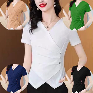 Áo Kiểu Nữ Công Sở Tay Ngắn Thiết Kế Cách Điệu Phối Nút Sang Trọng, 8 Màu, Chất Đẹp Form Chuẩn-AT72