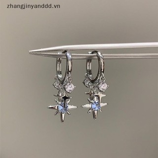 Bông tai mặt dây chuyền hình ngôi sao tám cánh màu xanh zircon, màu bạc, phù hợp làm món quà trang sức.