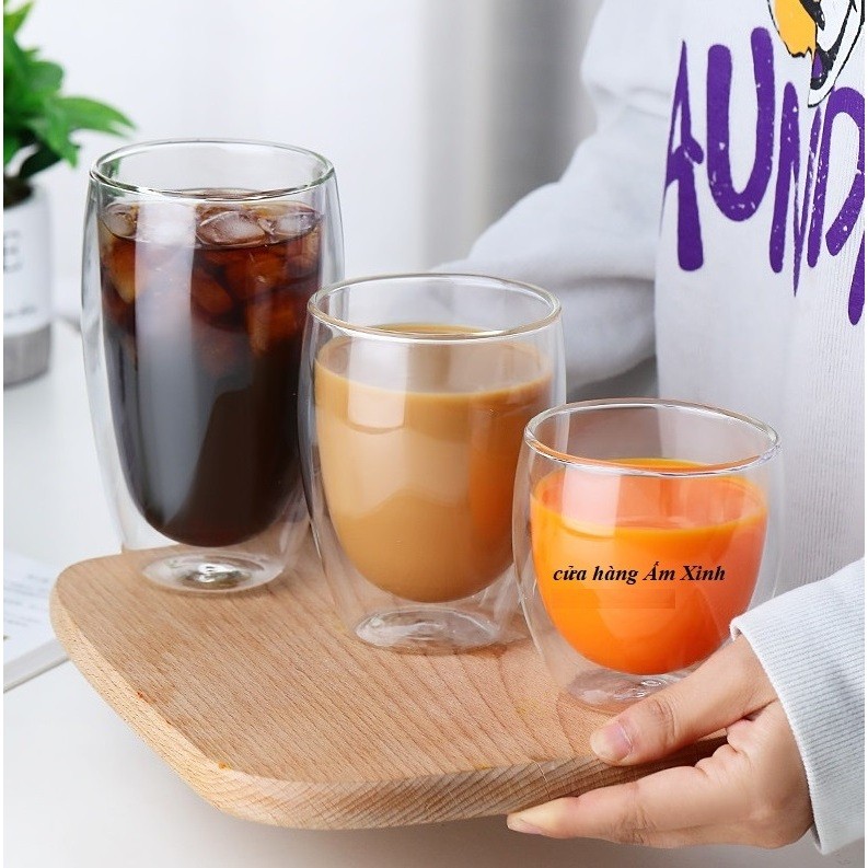Cốc thuỷ tinh 2 lớp dùng uống cà phê,trà,nước,chất lượng dày dặn,hai lớp cách nhiệt,decor bàn ăn đẹp
