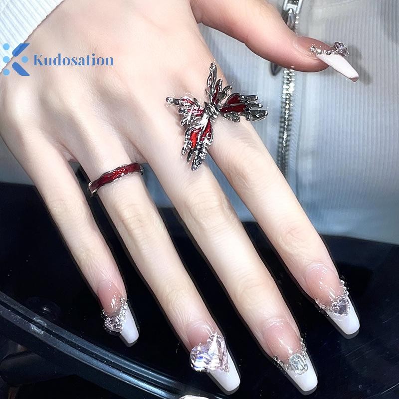 Kudosation Punk Gothic Nhẫn Đỏ Vintage Ánh Sáng Sang Trọng Mở Có Thể Điều Chỉnh Nhẫn Ngón Tay Phong Cách Pháp Cá Tính Đảng Món Quà Trang Sức