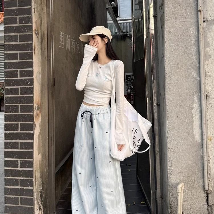 Quần ống rộng sọc xanh phong cách Hàn Quốc dành cho nữ phong cách Preppy cạp cao in nơ thẳng