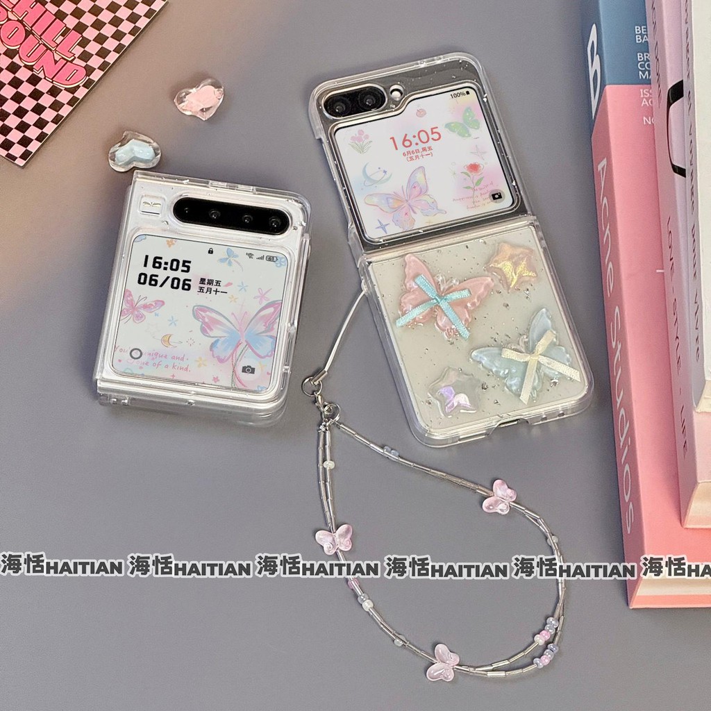 Thời Trang Lấp Lánh Nhiều Màu Sắc Vòng Tay Bướm Ốp lưng Thích Hợp Cho Samsung Galaxy ZFlip7 Zflip6 Ốp Lưng Bảo Vệ Cho ZFlip 7 5 6 5G Mixflip N3Flip Dây Có Thể Gập Lại Vỏ