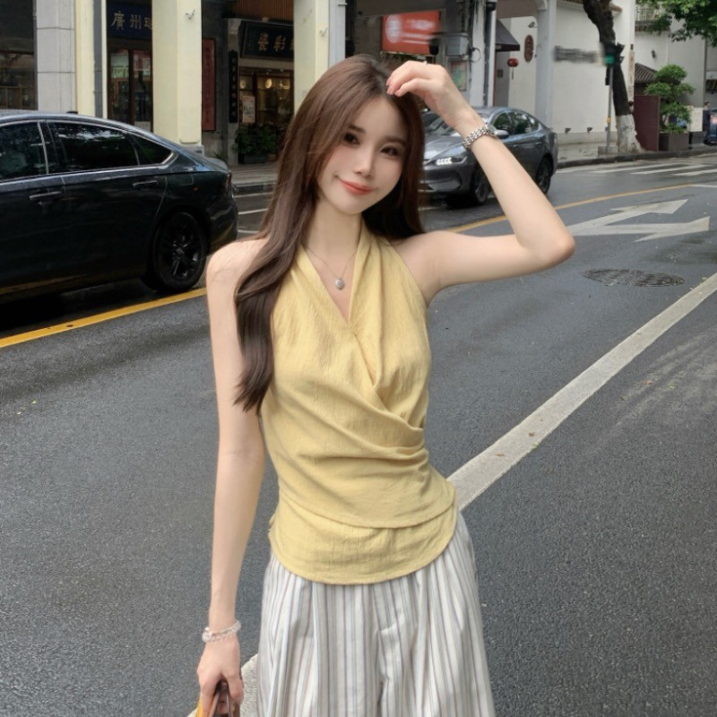 SUXI Áo sơ mi không tay cổ chữ V kiểu Pháp nhẹ nhàng, phù hợp mùa hè cho nữ
