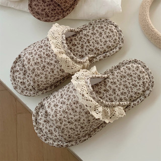 Xixitiao Phong Cách Nhà Retro Hoa Bốn Mùa Đa Năng Thường Ngày Ren Cạnh Cotton Vải Lanh Dép Nữ