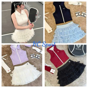 Set thể thao Pomcher Áo bra mở khoá đệm đúc -Chân váy tầng tập pickleball, tennis