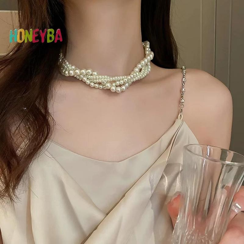 < Honeyba > Dây chuyền vòng cổ ngọc trai Twining dành cho nữ Dây chuyền hình học Phụ kiện trang sức đám cưới