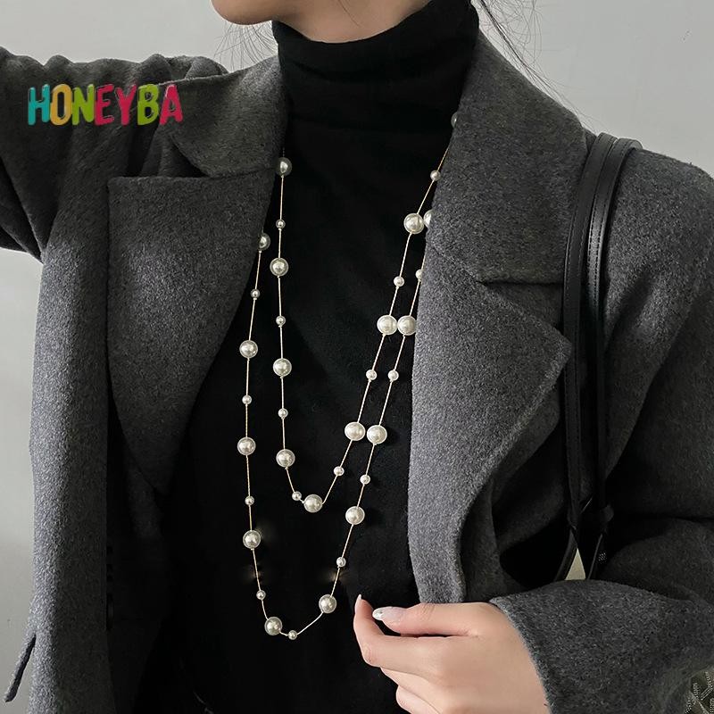 < Honeyba > Vòng cổ áo len ngọc trai mô phỏng hai lớp thanh lịch dành cho nữ Vòng cổ dây chuyền dài