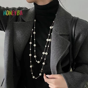 < Honeyba > Vòng cổ áo len ngọc trai mô phỏng hai lớp thanh lịch dành cho nữ Vòng cổ dây chuyền dài