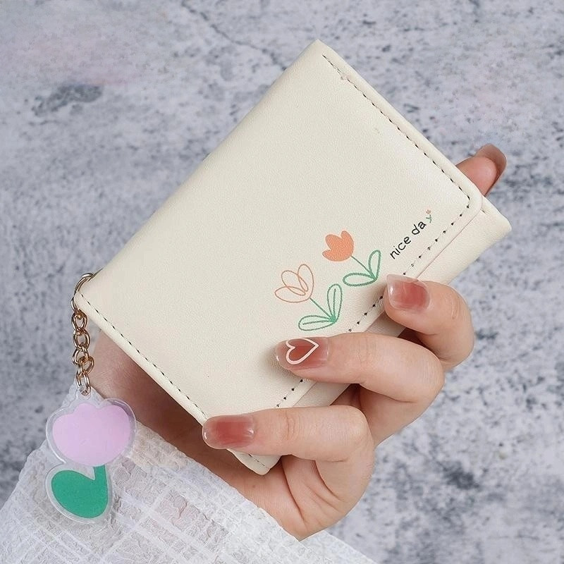 Ví PU 3 tầng Hàn Quốc - In hoa hoạt hình dễ thương cho thời trang học sinh